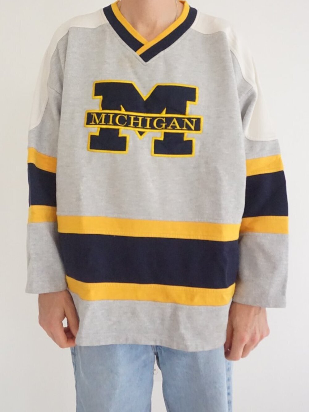 Vintage Simply For Sports Gray Maize Michigan Wolverines Varsity Hockey Jersey L